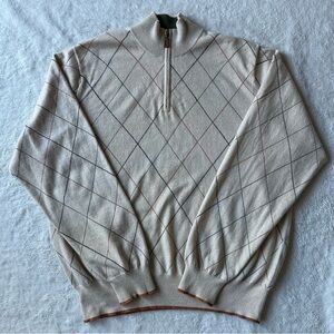 Peter Millar 100% Cashmere 1/4 Zip Sweater Men's XL Beige Argyle Preppy Golf vtg